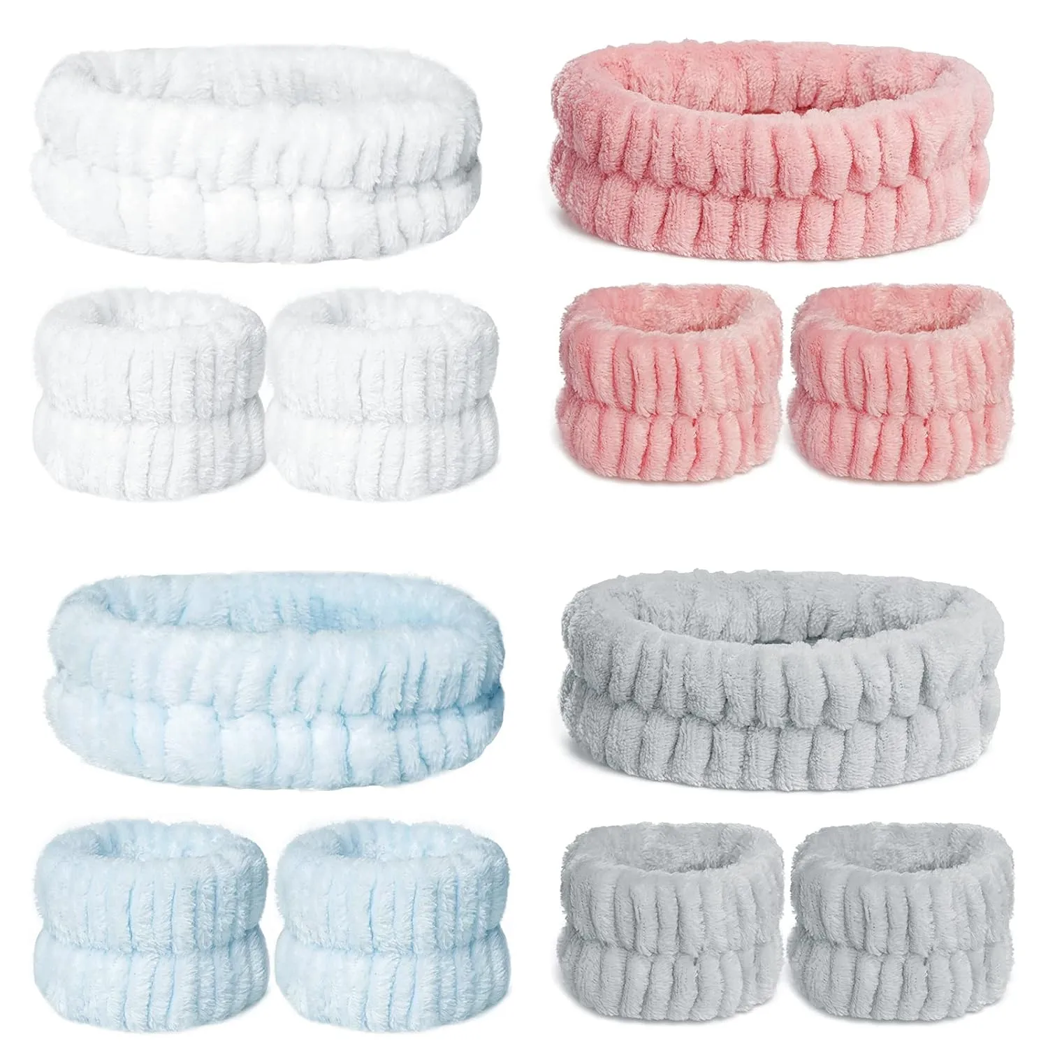 12 Pieces Spa Facial Headband and Wrist Washband Set, Women Makeup Headband, Girls Washing Face Headband, Soft Microfiber, Pink, White, Blue, Grey