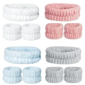 12 Pieces Spa Facial Headband and Wrist Washband Set, Women Makeup Headband, Girls Washing Face Headband, Soft Microfiber, Pink, White, Blue, Grey