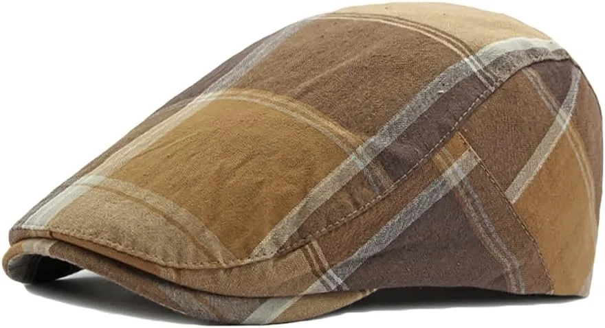 2 Pack Men's Newsboy Flat Cap Adjustable Plaid Ivy Gatsby Cabbie Driving Golf Hat Beret