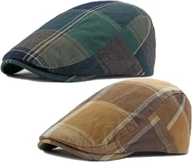 2 Pack Men's Newsboy Flat Cap Adjustable Plaid Ivy Gatsby Cabbie Driving Golf Hat Beret