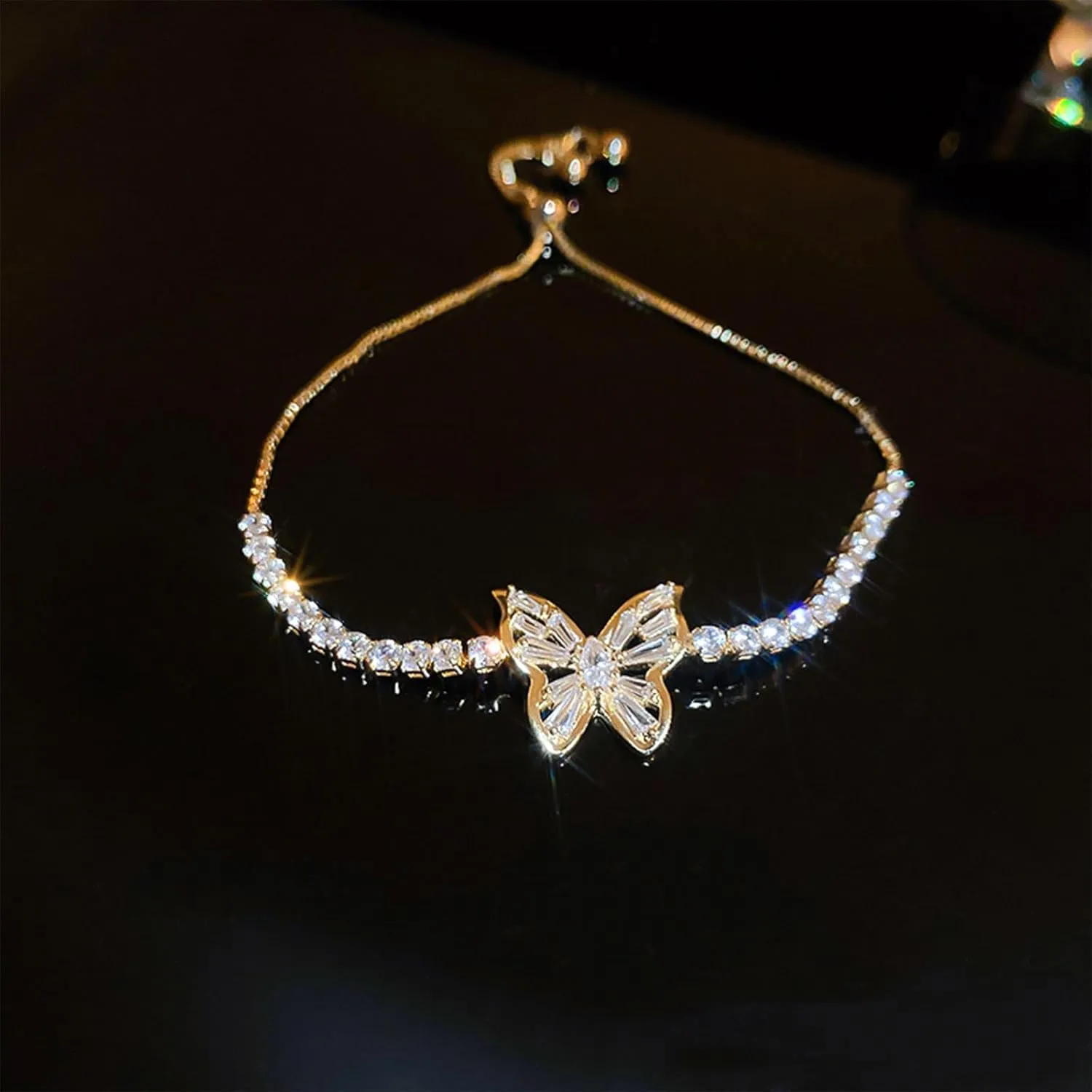 2PCS Tennis Bracelet Dainty Gold Tennis Bracelets Adjustable Silver Rhinestone Bracelets for Women Gifts for Christmas Prom Jewelry Stocking Stuffers