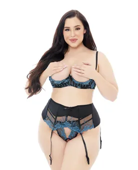 3 pc Embroidered Black & Blue Shelf Bra Set 1X/2X