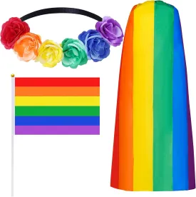 3Pcs Pride Stuff Pride Flower Headband Rainbow Leis Handheld Flags Accessories for Pride Month Parades Party