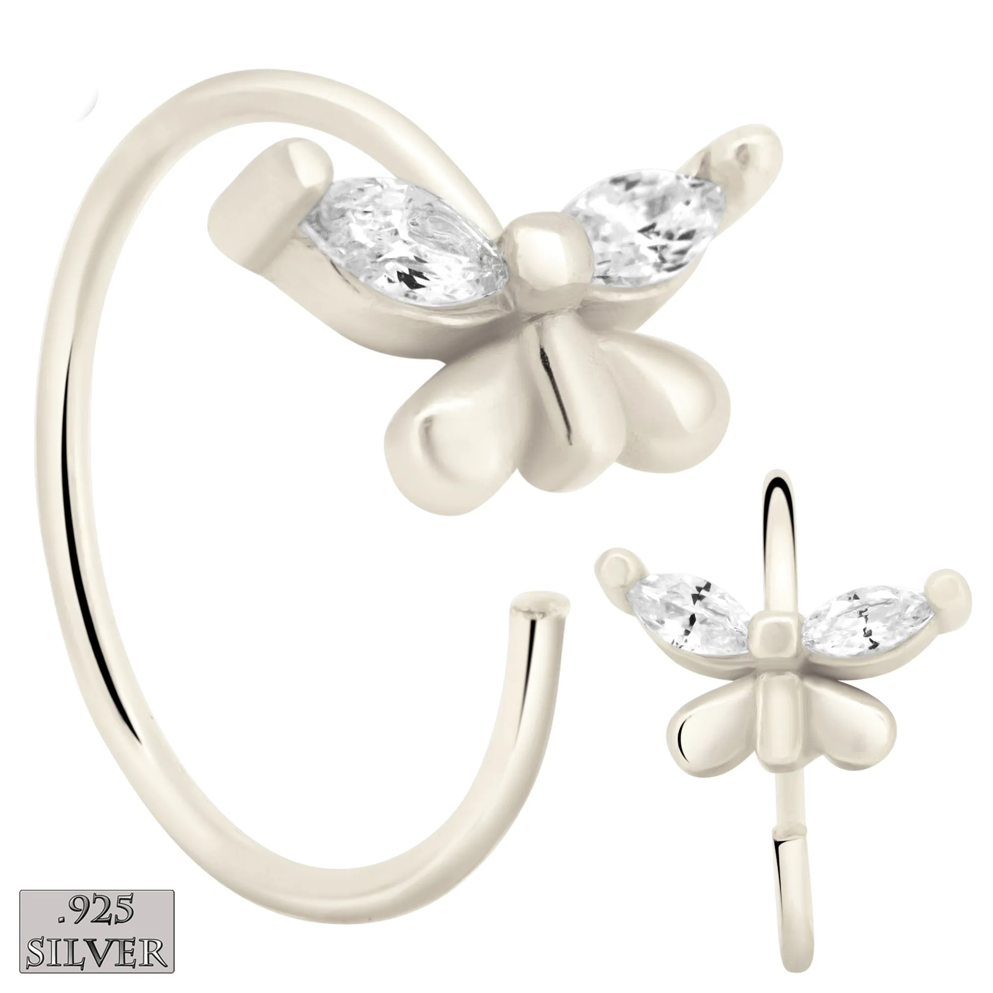 925 Sterling Silver Butterfly Design with Zircon Nose Hoops 22g Thick 8mm wide