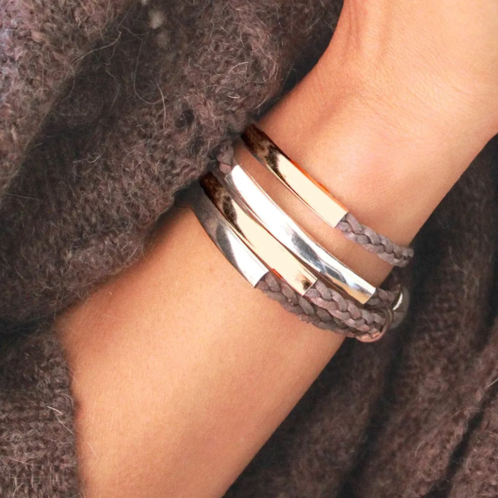 Addison Braided Brown Grey Leather Wrap Bracelet in Gold & Silver