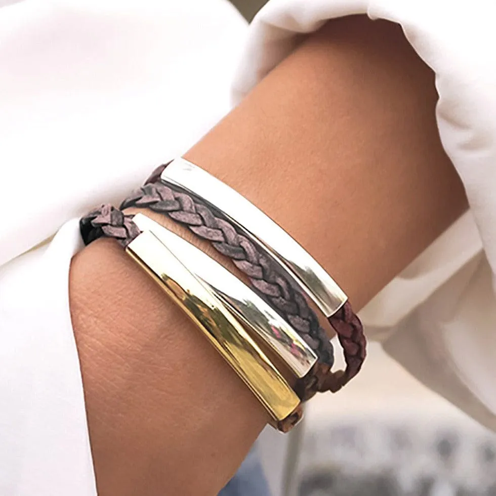 Addison Braided Brown Grey Leather Wrap Bracelet in Gold & Silver