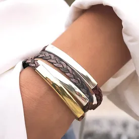 Addison Braided Brown Grey Leather Wrap Bracelet in Gold & Silver