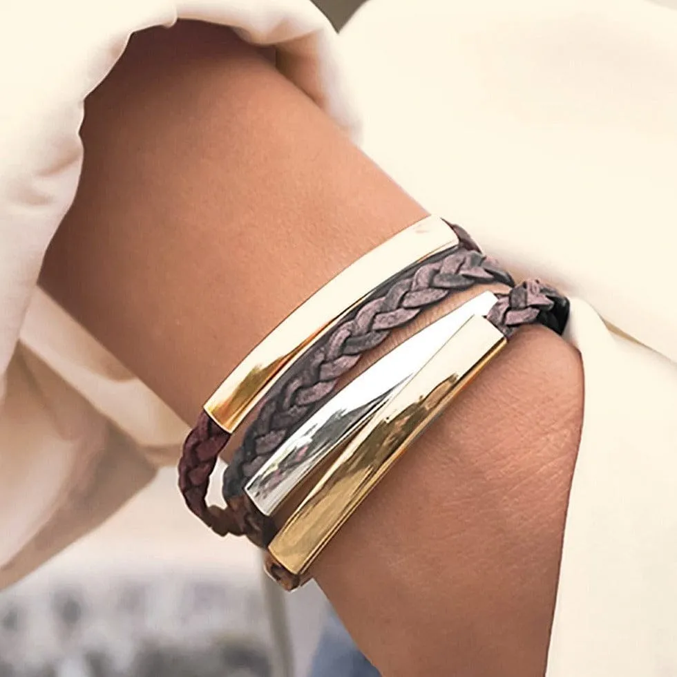 Addison Braided Brown Grey Leather Wrap Bracelet in Gold & Silver