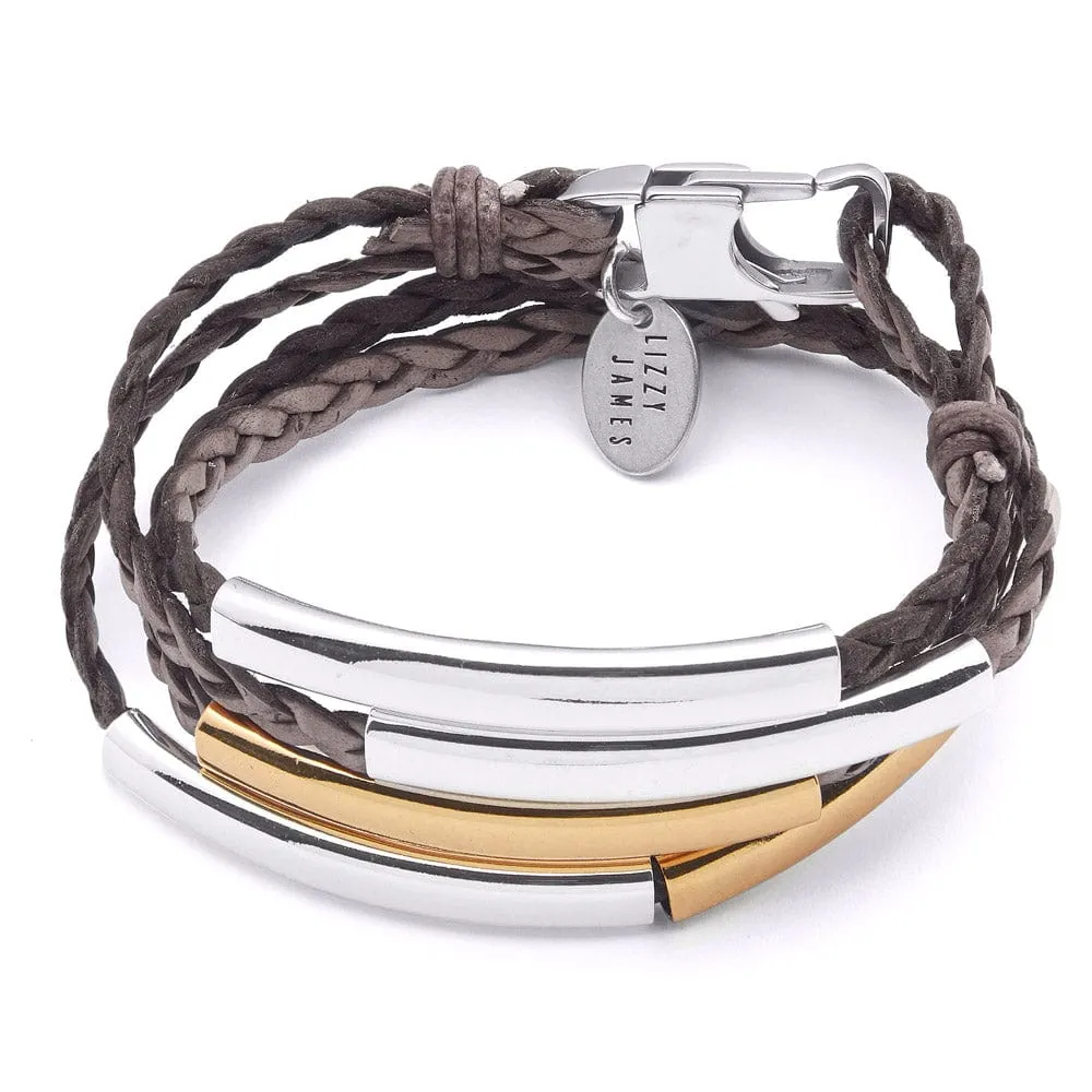 Addison Braided Brown Grey Leather Wrap Bracelet in Gold & Silver