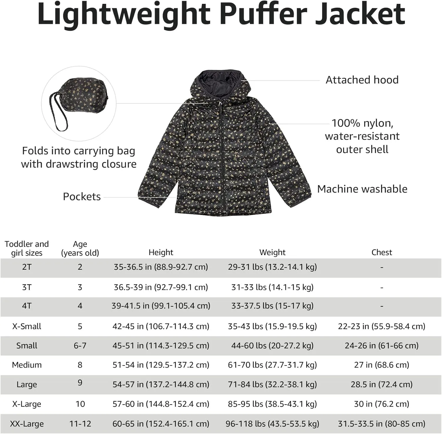 Amazon Essentials Girls and Toddlers' Lightweight Water-Resistant Packable Hooded Puffer Jacket