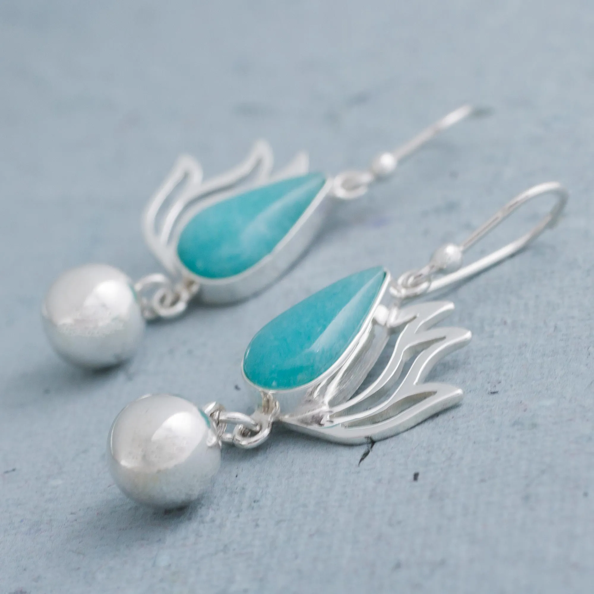 Amazonite and Sterling Silver Dangle Earrings from Peru - Flaming Drops | NOVICA