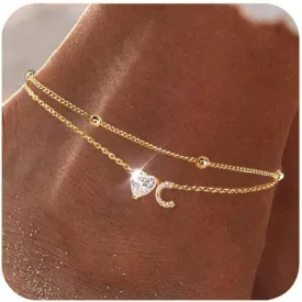 Ankle Bracelets for Women Waterproof 14K Gold Plated CZ Initial Anklet for Women Dainty Layered Letter Heart Ankle Bracelets Handmade Adjustable Foot Chain Anklet Summer Beach Jewelry