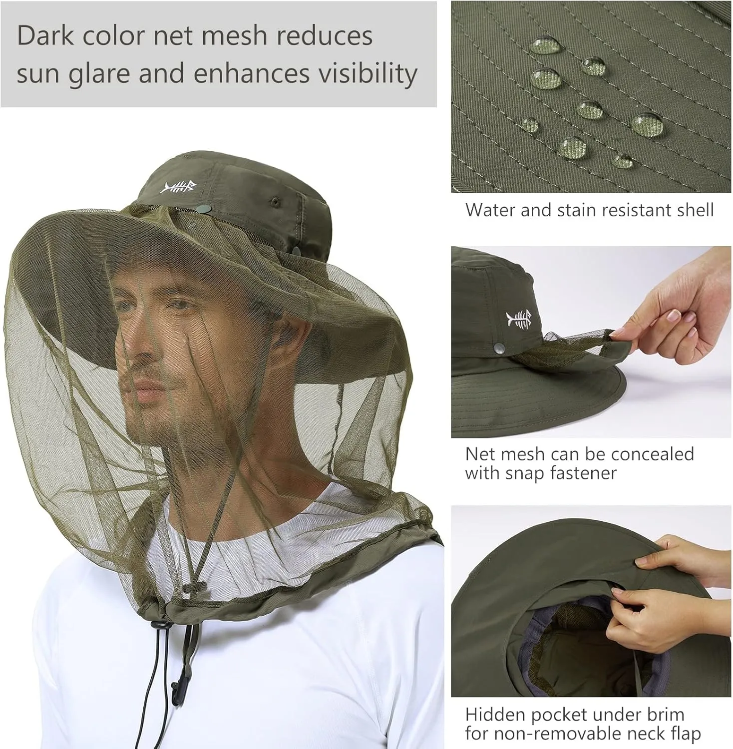 BASSDASH UPF 50 Mosquito Sun Hat with Hidden Head Net and Neck Flap for Men Women Outdoor Fishing Hiking Camping FH16