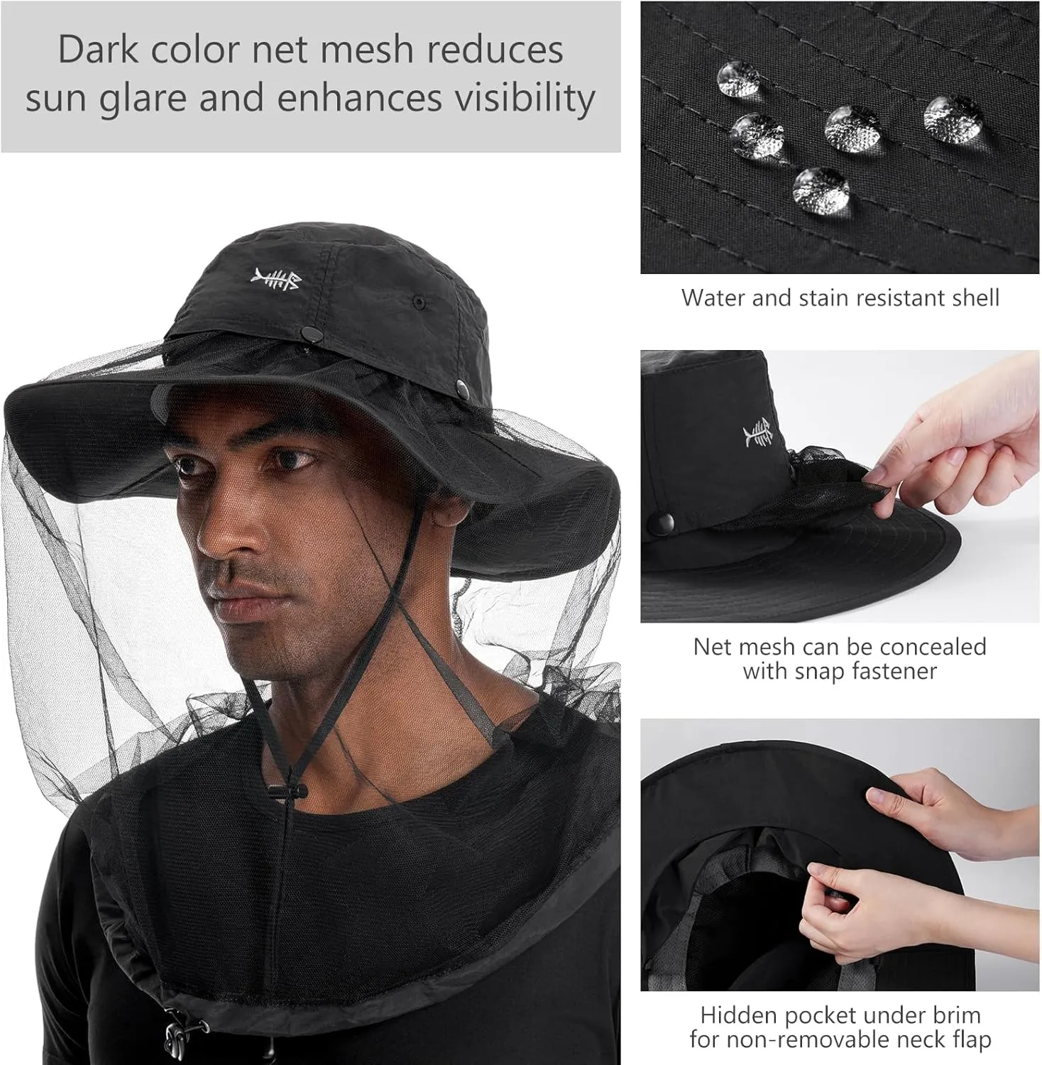 BASSDASH UPF 50 Mosquito Sun Hat with Hidden Head Net and Neck Flap for Men Women Outdoor Fishing Hiking Camping FH16