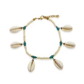 BESHEEK Cream Cowrie Shell Artisan Silvertone Beaded Anklet with Extension | Handmade Hypoallergenic Beach Gala Wedding Style Jewelry