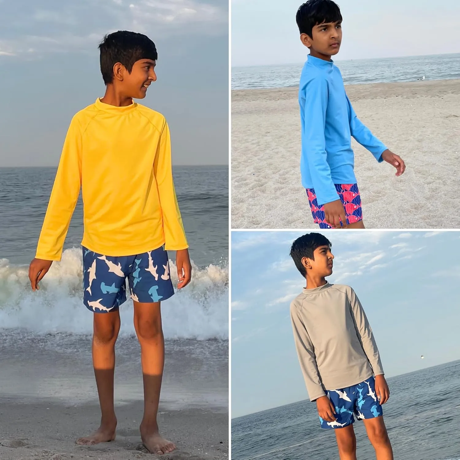 BIG ELEPHANT 3 Pack Kids Rash Guard Swim Shirt UPF 50  Long Sleeve Rashguard Swimwear Surf Tops Sun Protection for Boys Girls