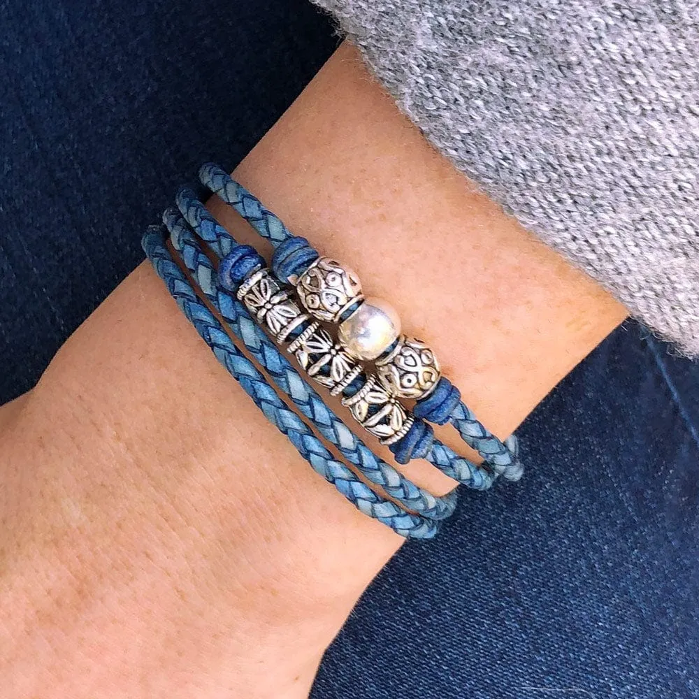Blue Leather Wrap Bracelet with Silver Floral Beads