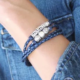 Blue Leather Wrap Bracelet with Silver Floral Beads