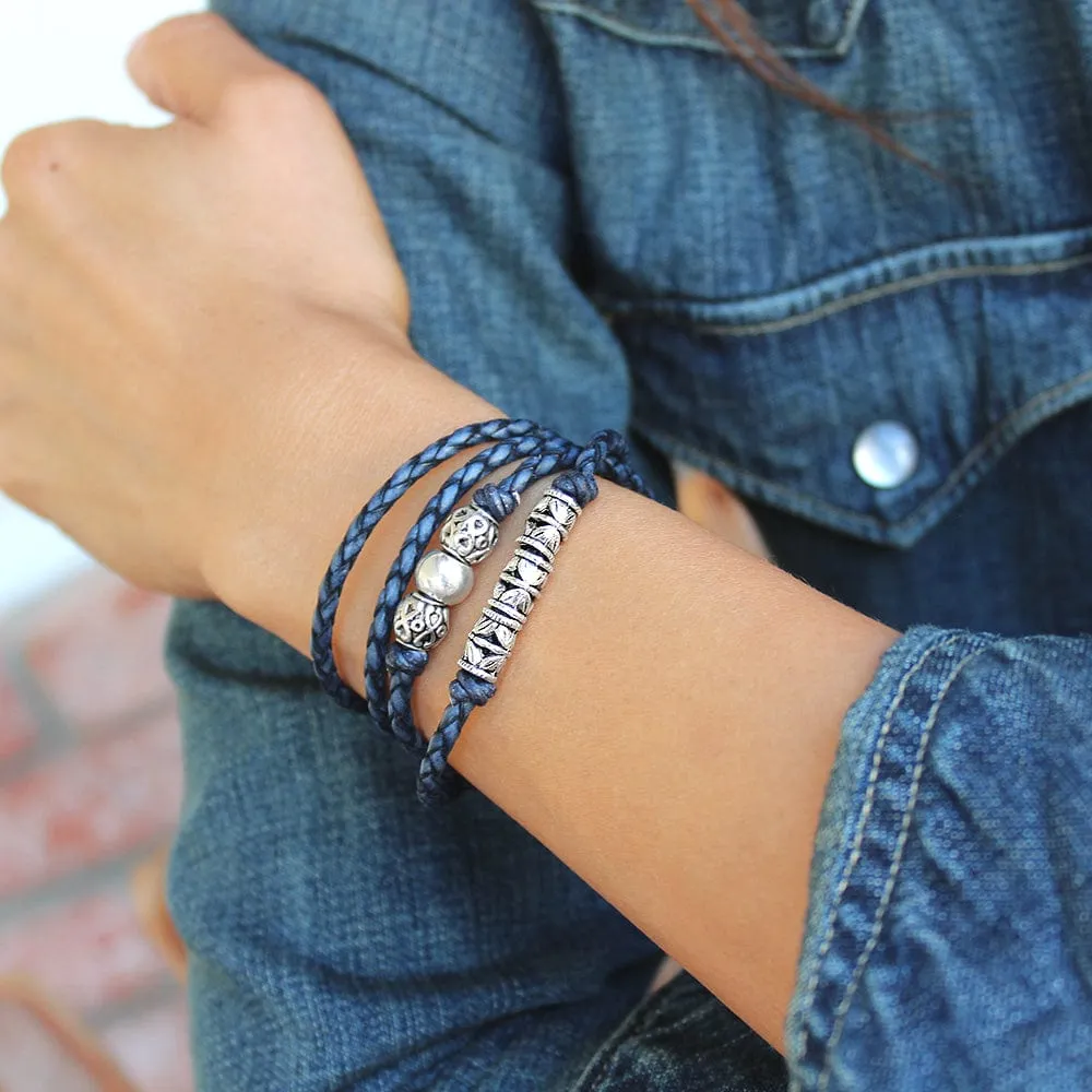 Blue Leather Wrap Bracelet with Silver Floral Beads