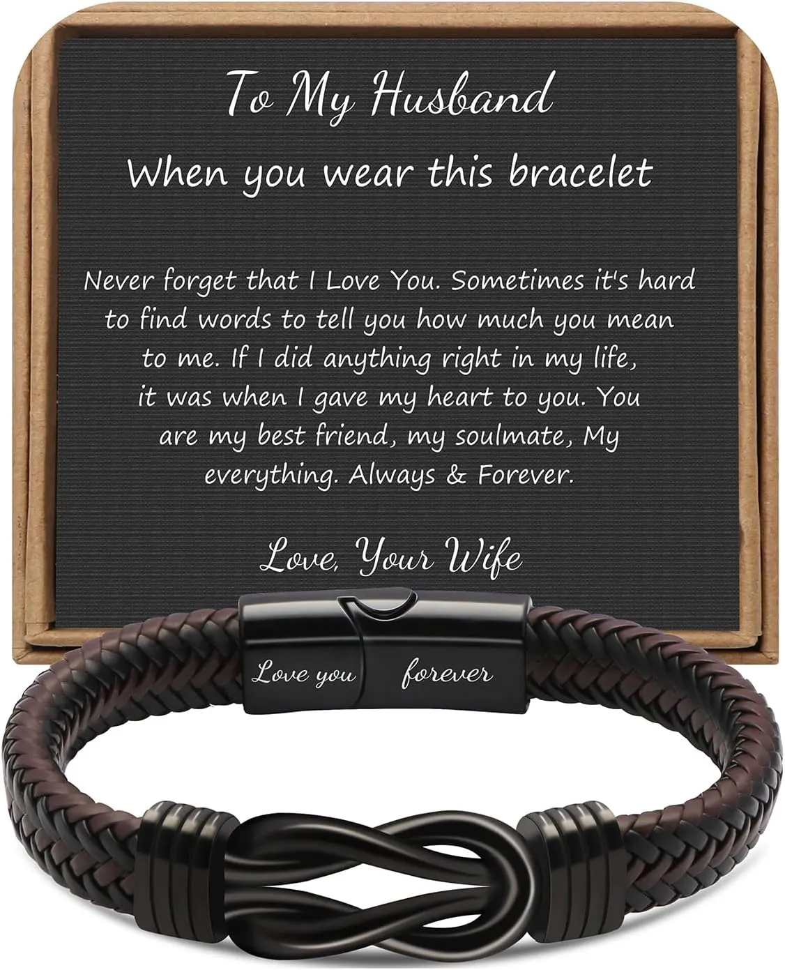      Brown Braided Leather Stainless Steel Infinity Bracelets Lettering Love You Forever Gifts for Son Grandson Husband Boyfriend Brother Always Linked Together