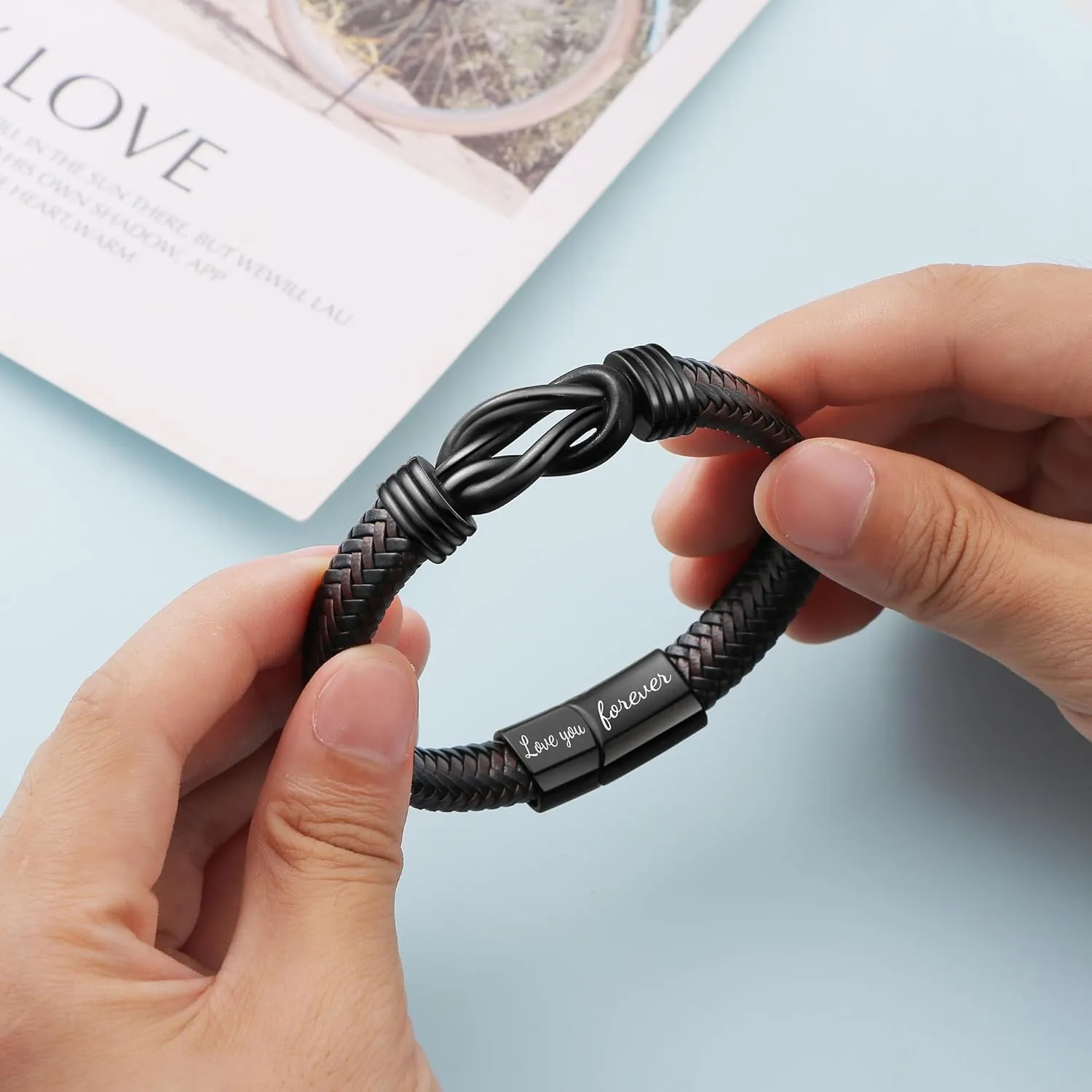      Brown Braided Leather Stainless Steel Infinity Bracelets Lettering Love You Forever Gifts for Son Grandson Husband Boyfriend Brother Always Linked Together