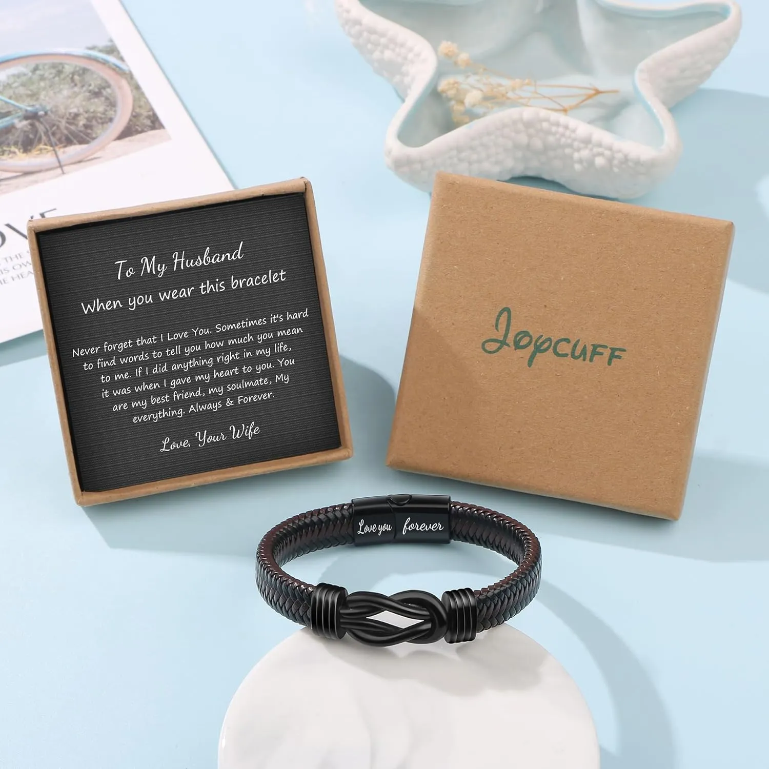      Brown Braided Leather Stainless Steel Infinity Bracelets Lettering Love You Forever Gifts for Son Grandson Husband Boyfriend Brother Always Linked Together