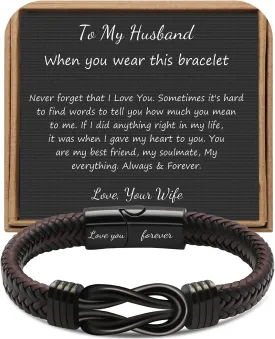      Brown Braided Leather Stainless Steel Infinity Bracelets Lettering Love You Forever Gifts for Son Grandson Husband Boyfriend Brother Always Linked Together