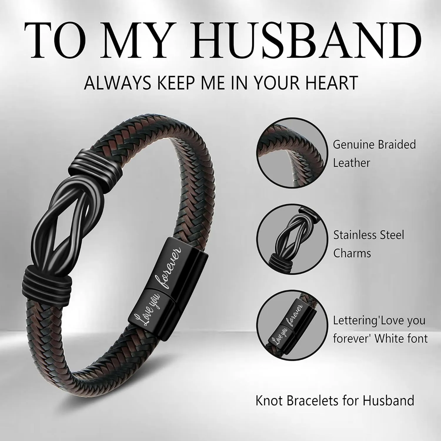      Brown Braided Leather Stainless Steel Infinity Bracelets Lettering Love You Forever Gifts for Son Grandson Husband Boyfriend Brother Always Linked Together
