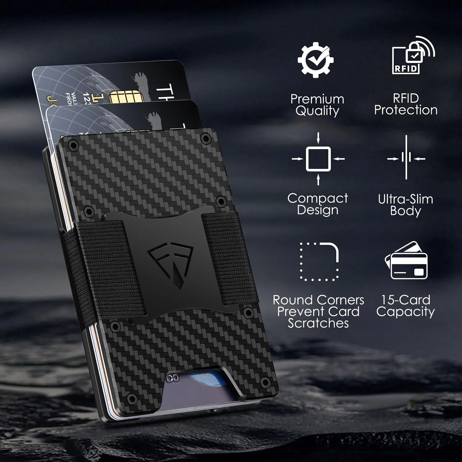 Carbon Fiber Wallet with Cash Strap Card Box Packed - Slim Minimalist Wallet for Men - Up to 15 Credit Card Holder - Mens Slim Wallet with RFID Blocking - Ideal Gifts for Men (Carbon Fiber Black)