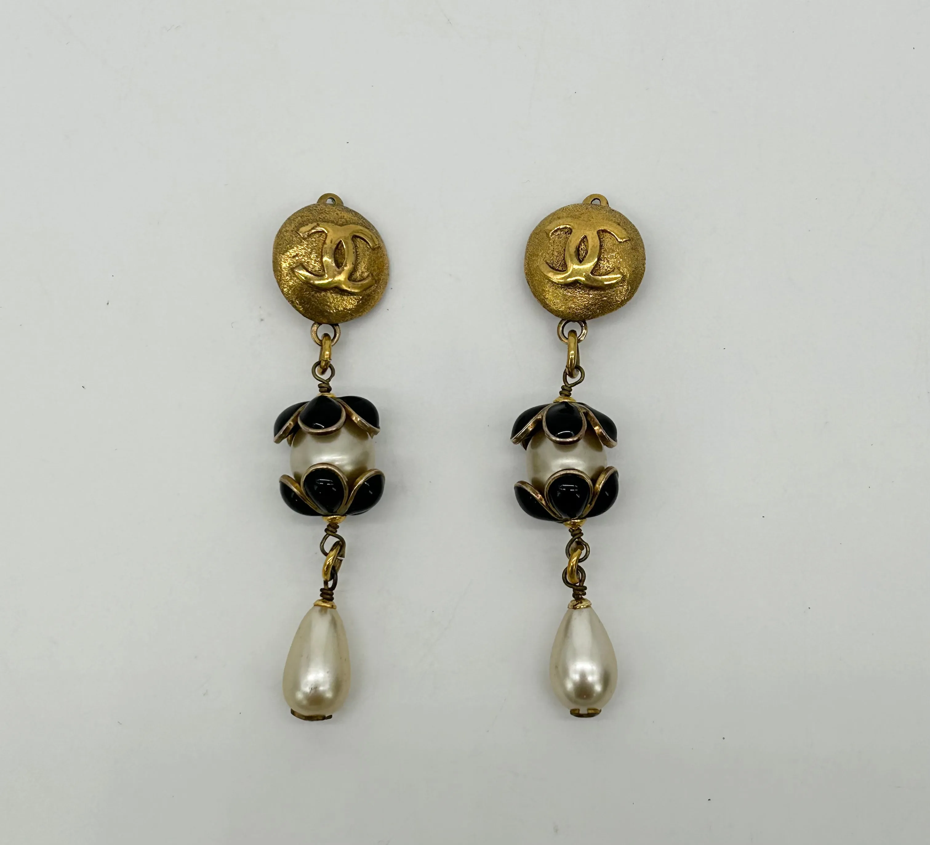 Chanel Gold Enamel Pearl Teardrop Earrings