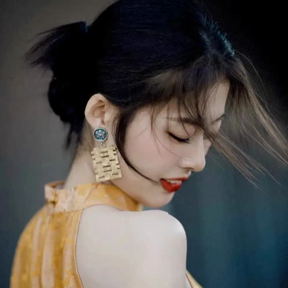 Chinese Traditional Style Clip-on Earrings with Retro Happiness Characters