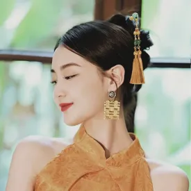 Chinese Traditional Style Clip-on Earrings with Retro Happiness Characters