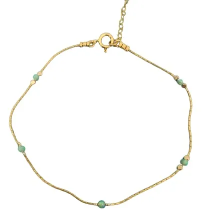 Dainty Opal Anklet Beach Minimalist Gold Filled 14K Bead Bracelet Syntethic Opal jewelry Length 9" extension (Green Opal)