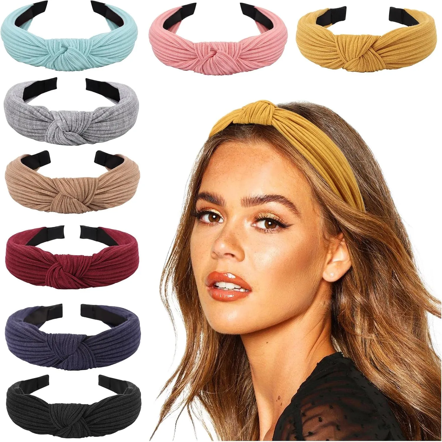 DRESHOW 8 Pack Knotted Headbands for Women Wide Turban Headband Yoga Exercise Ribbing Hair Hoop Hair Bands Accessories