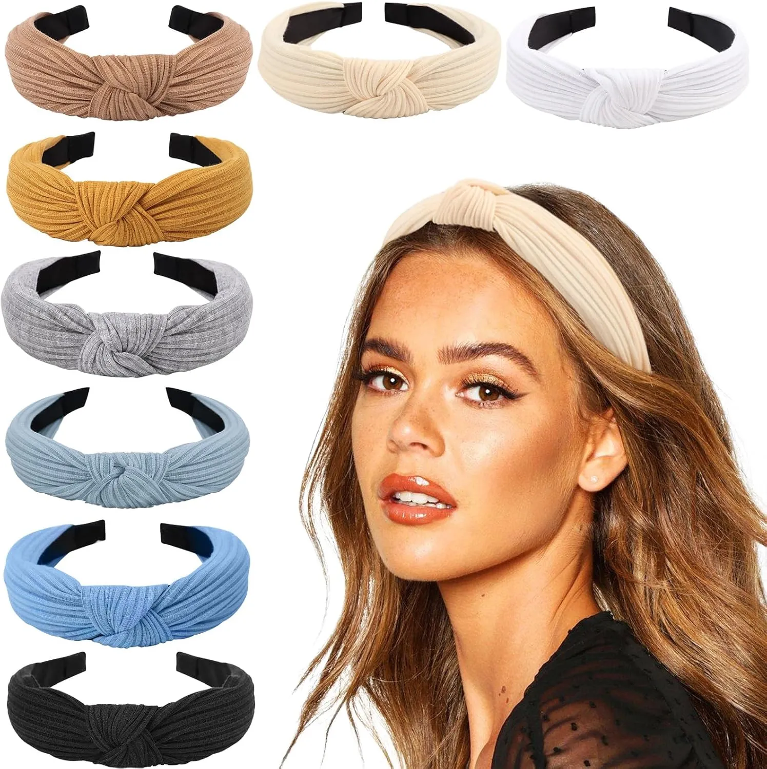 DRESHOW 8 Pack Knotted Headbands for Women Wide Turban Headband Yoga Exercise Ribbing Hair Hoop Hair Bands Accessories
