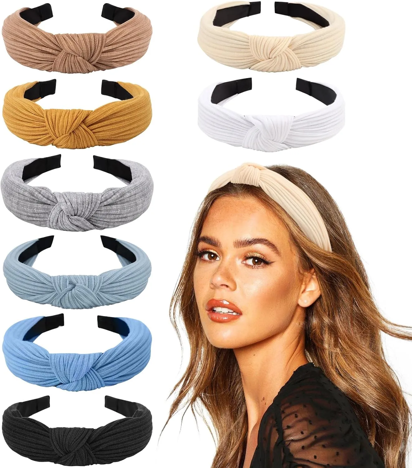 DRESHOW 8 Pack Knotted Headbands for Women Wide Turban Headband Yoga Exercise Ribbing Hair Hoop Hair Bands Accessories