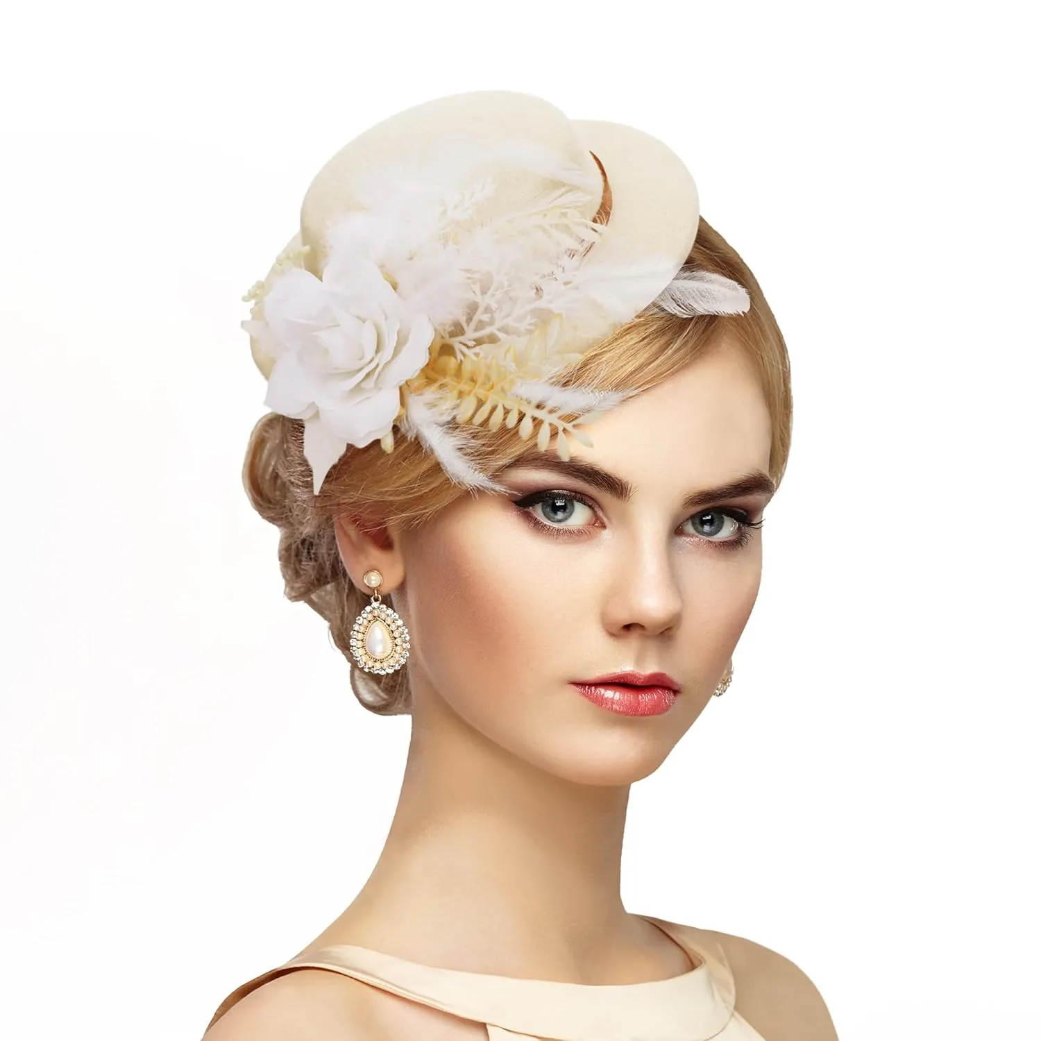 Fascinator High Tea Hat - Women's White Mini Clip On 20s 50s Derby Cocktail Pillbox Cups Dress Kentucky Hat with Flower and Feather Decoration