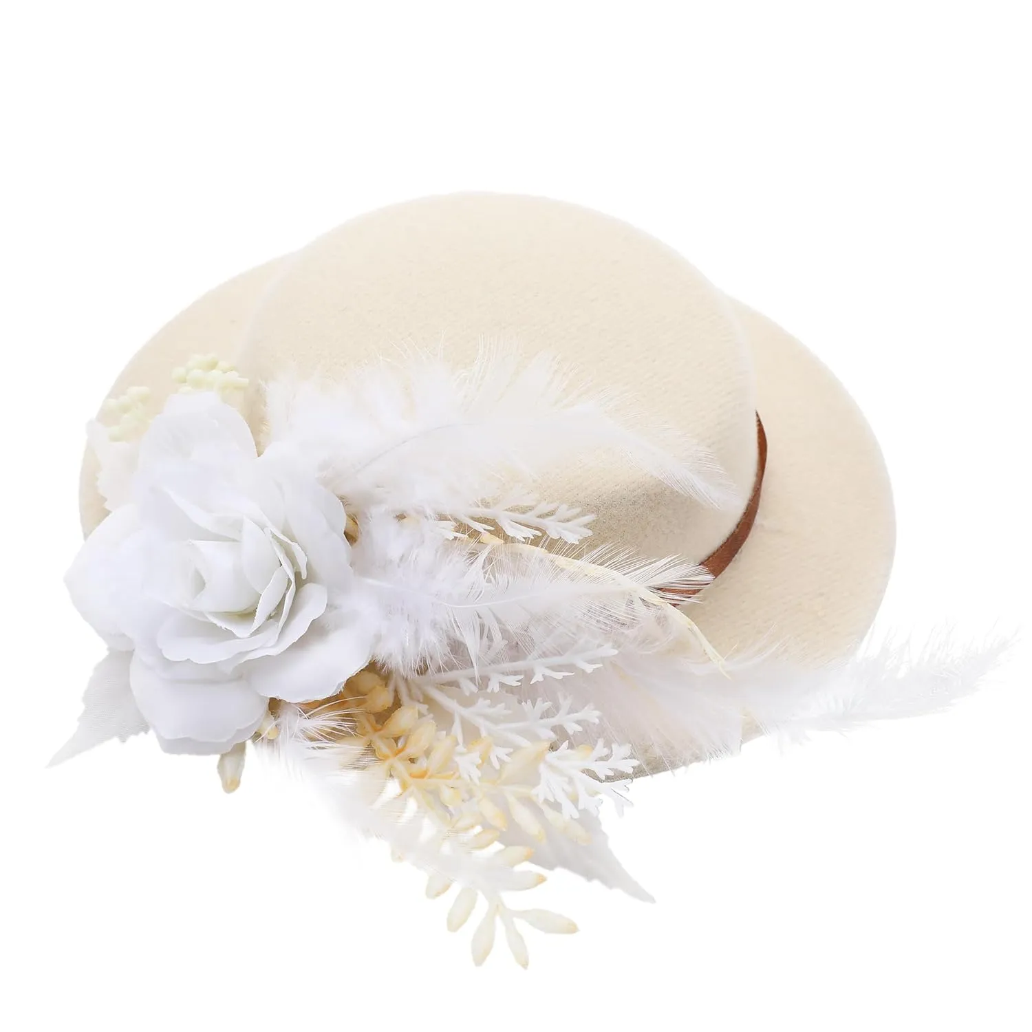 Fascinator High Tea Hat - Women's White Mini Clip On 20s 50s Derby Cocktail Pillbox Cups Dress Kentucky Hat with Flower and Feather Decoration
