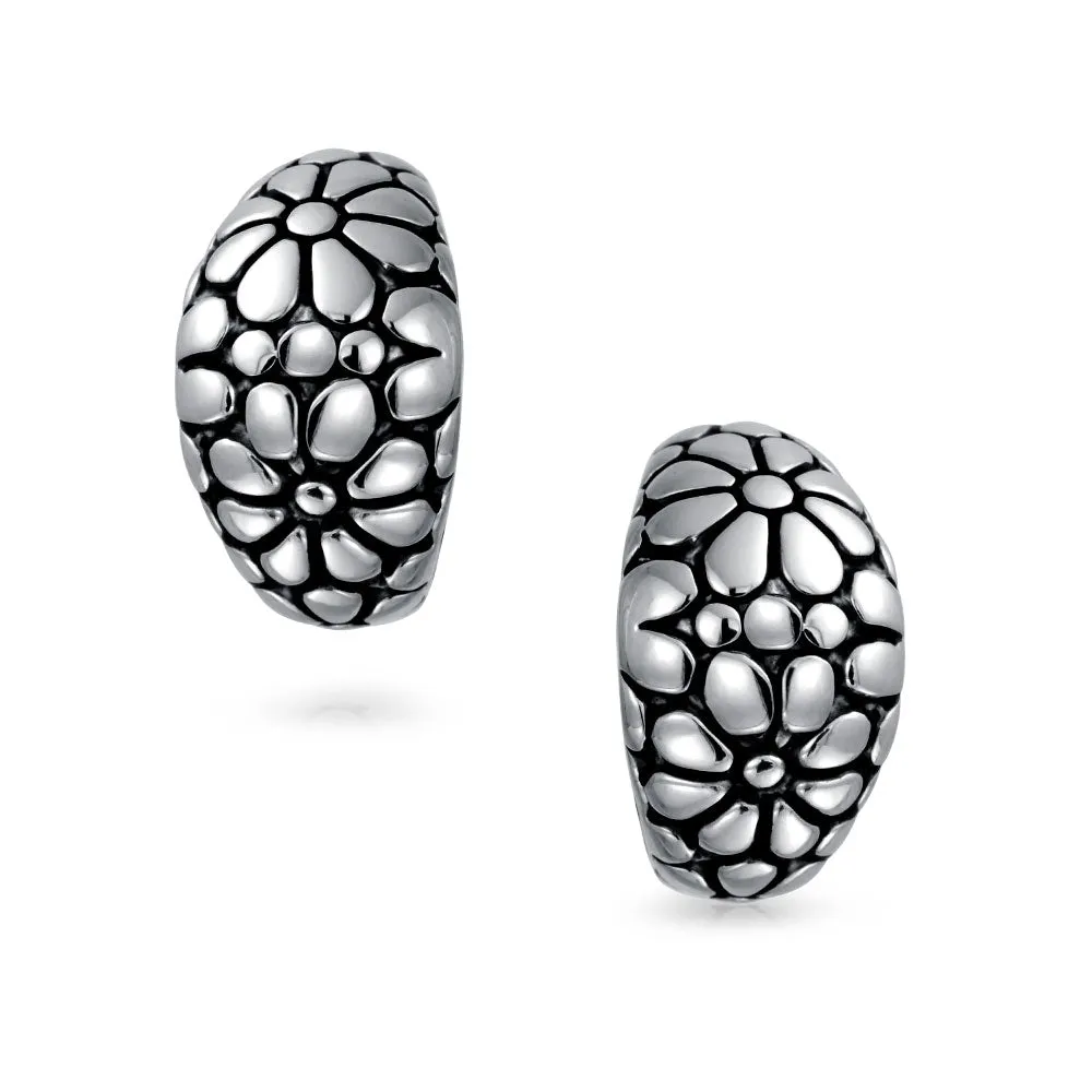 Flower Half Hoop Clip-On Earrings Shrimp Style Non-Pierced Oxidized GoldSilver