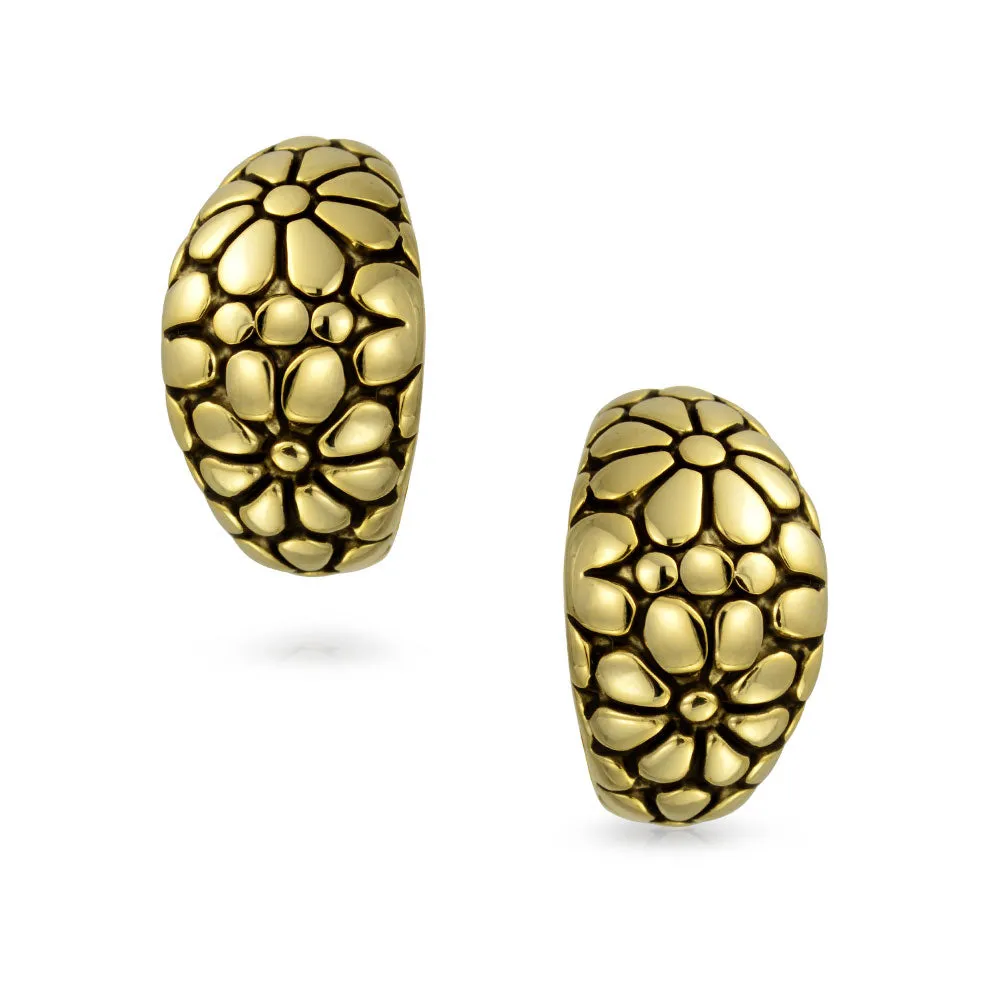 Flower Half Hoop Clip-On Earrings Shrimp Style Non-Pierced Oxidized GoldSilver