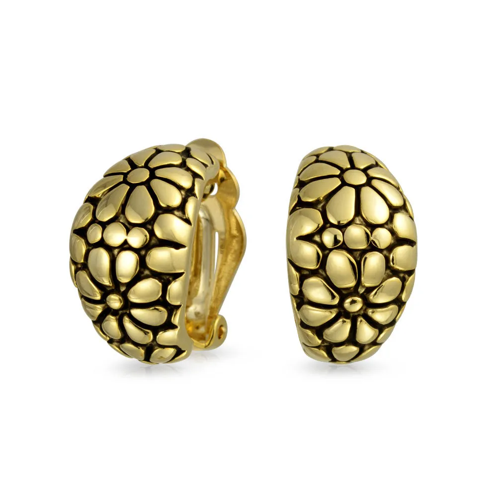 Flower Half Hoop Clip-On Earrings Shrimp Style Non-Pierced Oxidized GoldSilver
