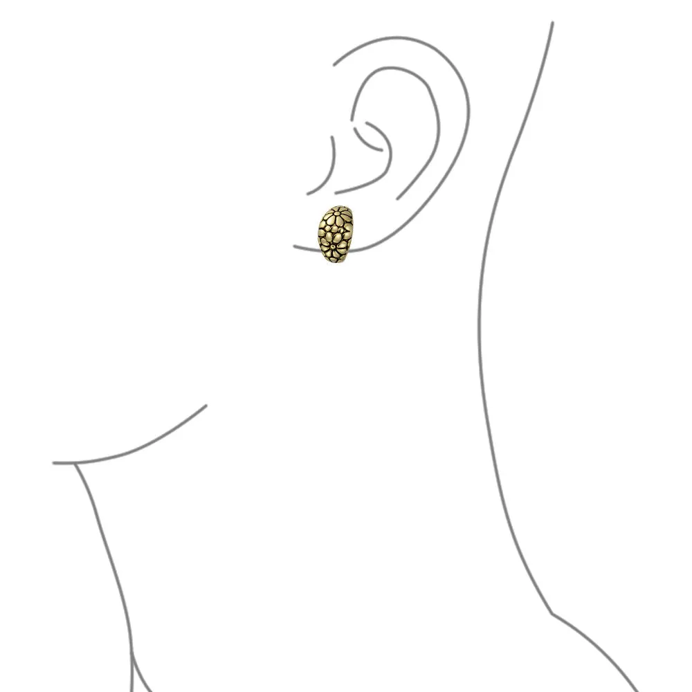 Flower Half Hoop Clip-On Earrings Shrimp Style Non-Pierced Oxidized GoldSilver