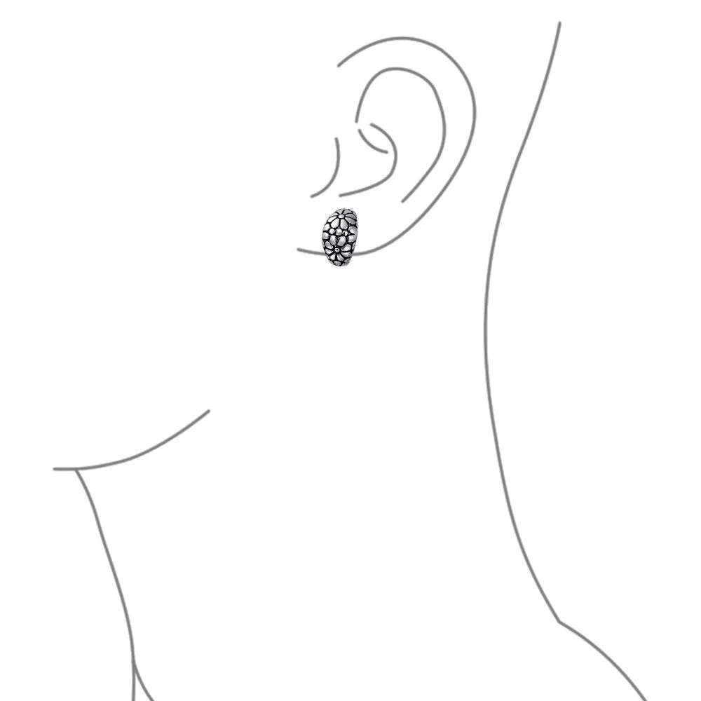 Flower Half Hoop Clip-On Earrings Shrimp Style Non-Pierced Oxidized GoldSilver