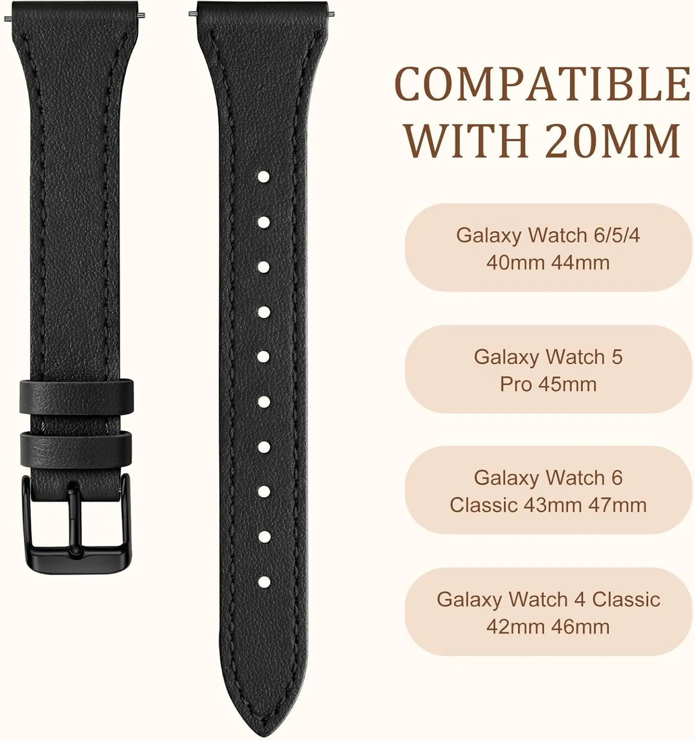 GEAK Slim Leather Band Compatible with Galaxy Watch 7 Band/6 5 4 FE 40mm 44mm/5 pro 45mm/Classic/Galaxy Active 2, 20mm Genuine Leather Strap with Quick Release Buckle for Samsung Watch Bands Women