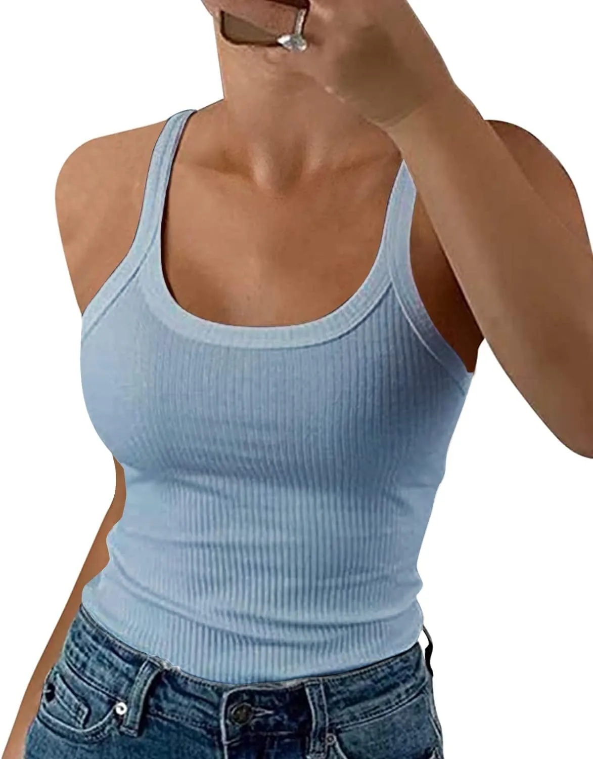 GEMBERA Women Spaghetti Strap Scoop Neck Ribbed Tank Tops Slim Fitted Cotton Camisole Basic Sleeveless Layering Shirts