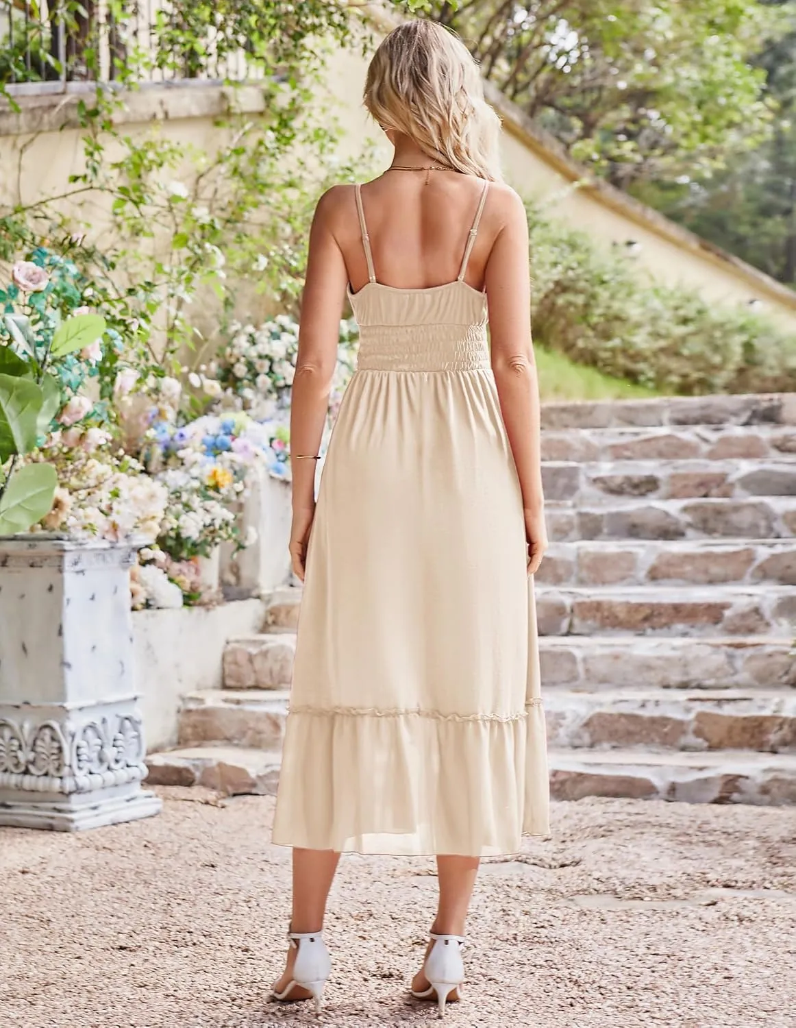 GRACE KARIN Womens 2025 Summer Dress Casual Sleeveless Spaghetti Strap Smocked Ruffle Beach Long Maxi Dress with Pockets