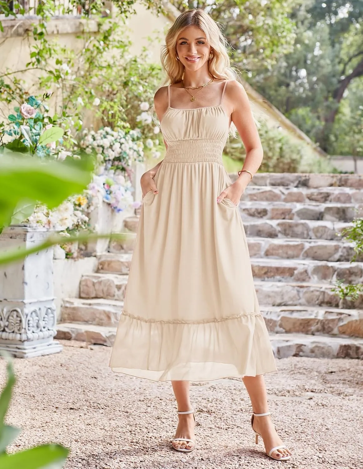 GRACE KARIN Womens 2025 Summer Dress Casual Sleeveless Spaghetti Strap Smocked Ruffle Beach Long Maxi Dress with Pockets