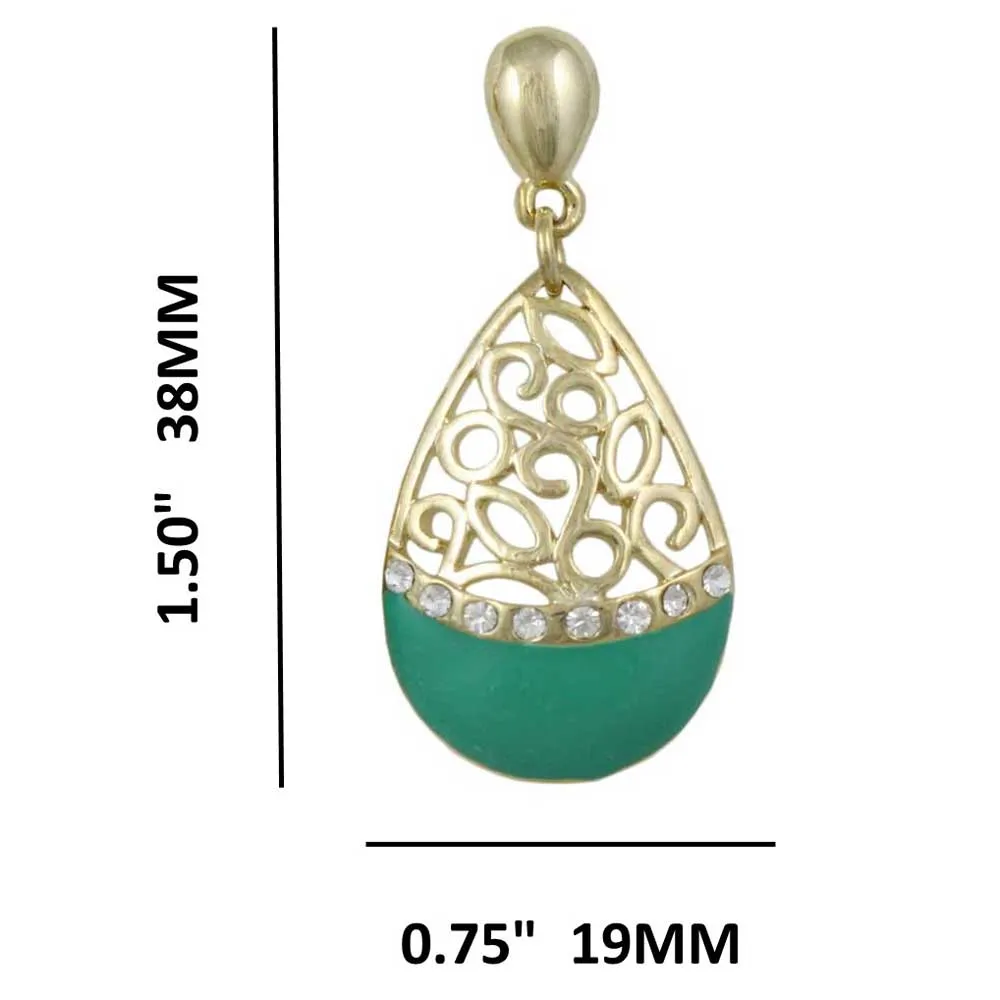 Green Enamel and Crystal Filigree Teardrop Dangle Earring - REE404GN