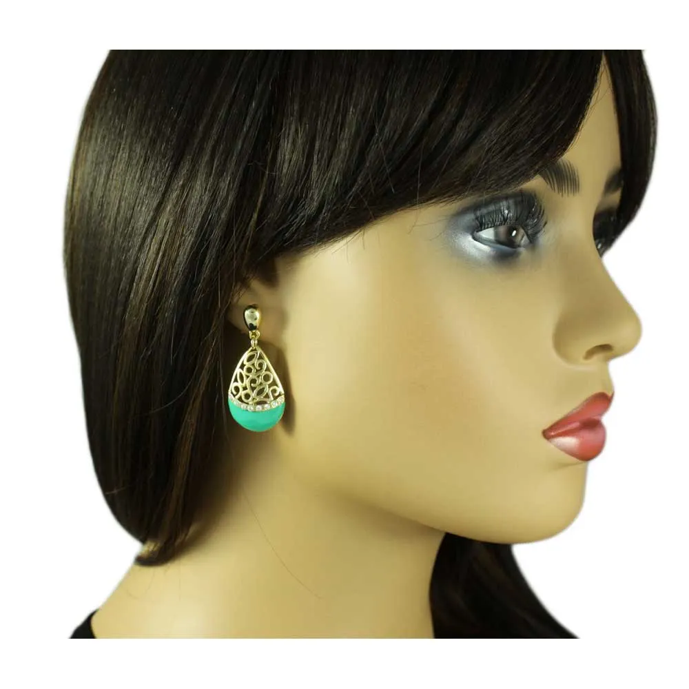 Green Enamel and Crystal Filigree Teardrop Dangle Earring - REE404GN