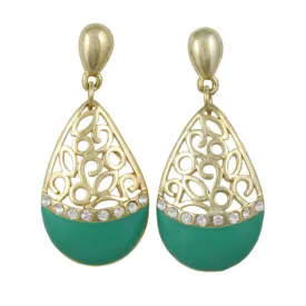 Green Enamel and Crystal Filigree Teardrop Dangle Earring - REE404GN